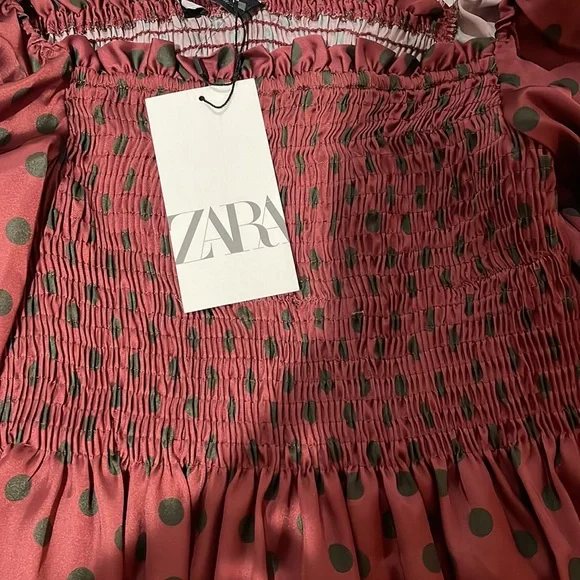 NWT Zara Satin Burgundy Red & Green Polka Dot Smocked Puff Sleeve Top in size M - Picture 6 of 10